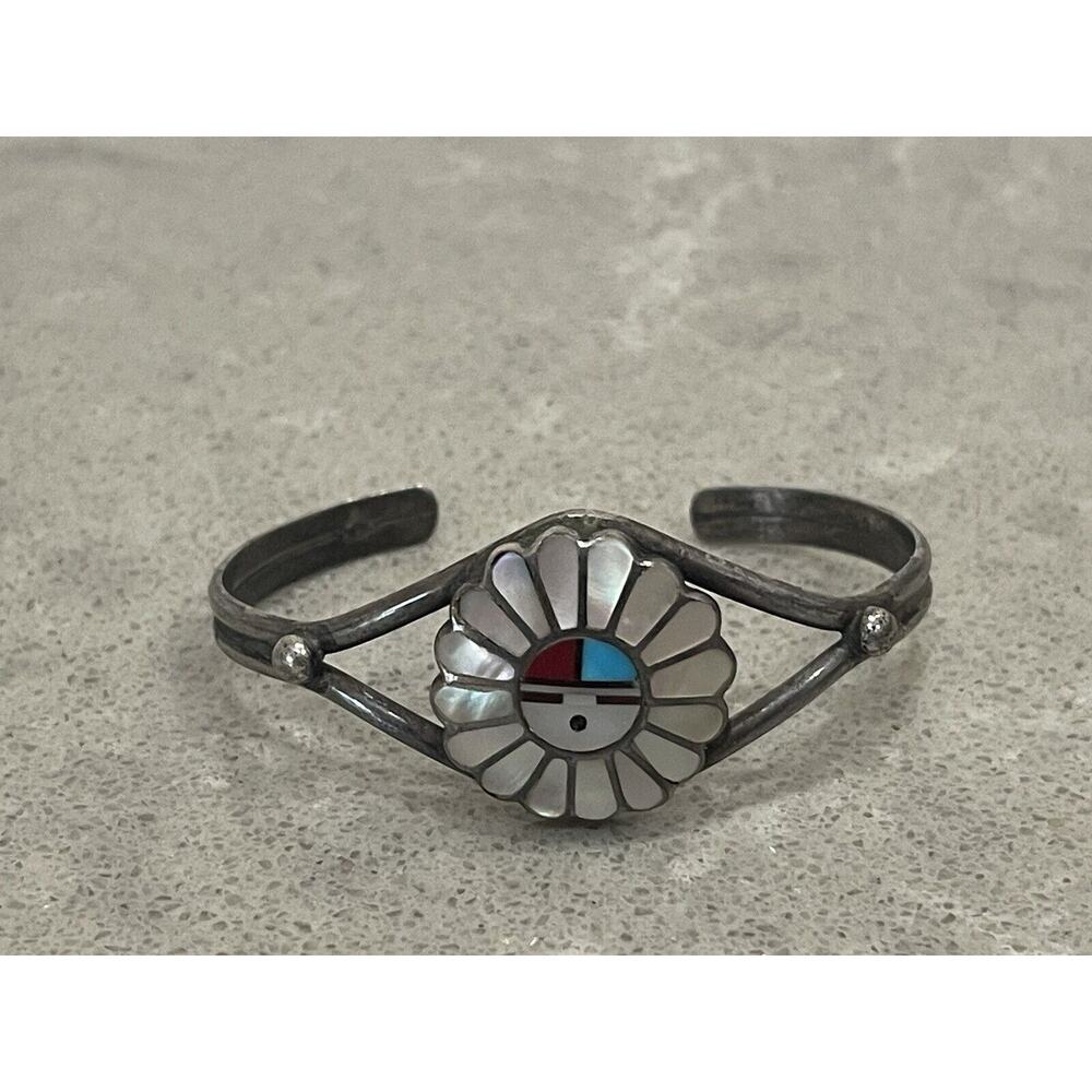 Zuni Native Sunface Inlaid Sterling Silver 925 Cuff Bracelet 6” Wrist Size